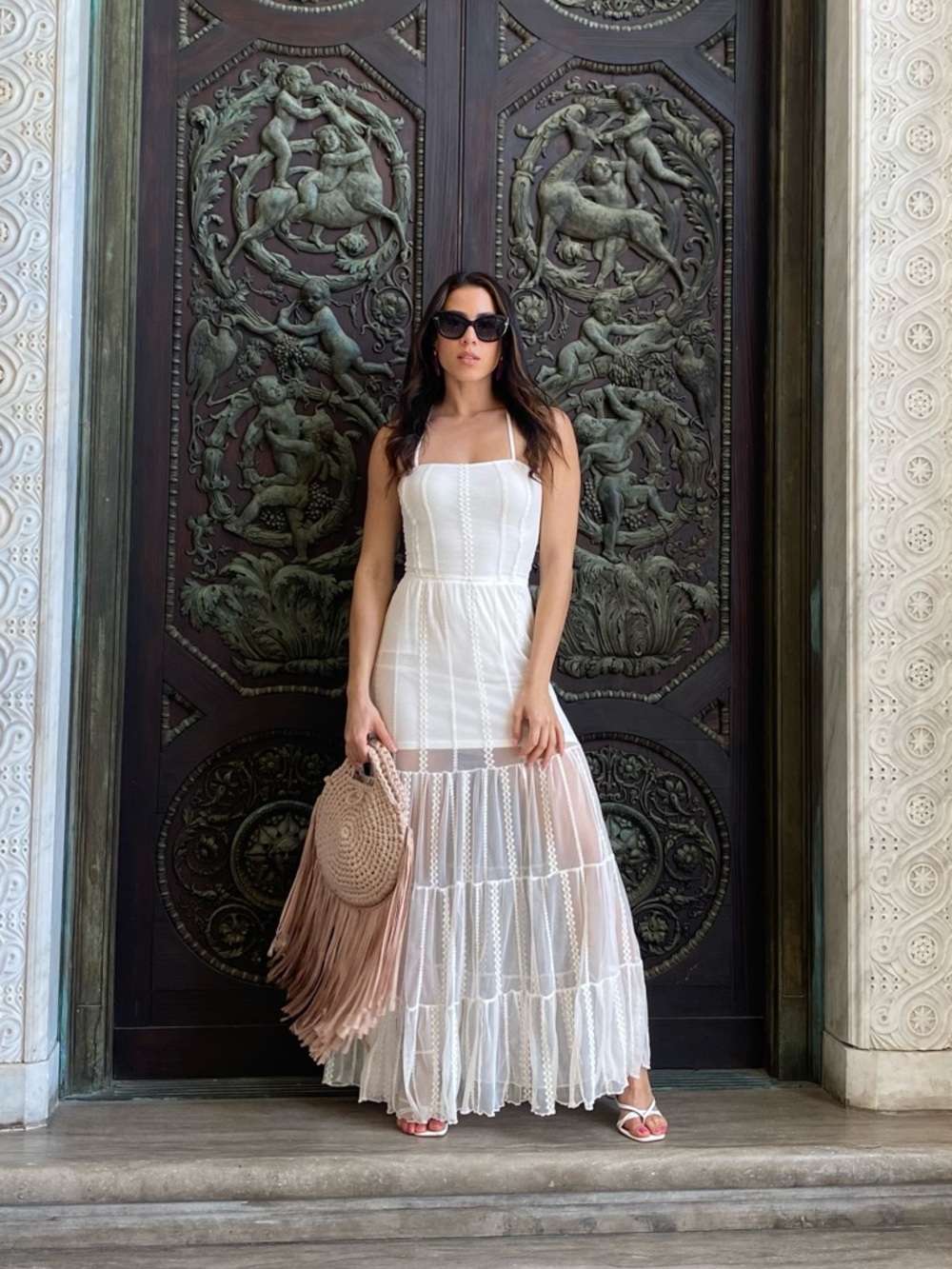 White Sheer Maxi Dress with Fringe Panels